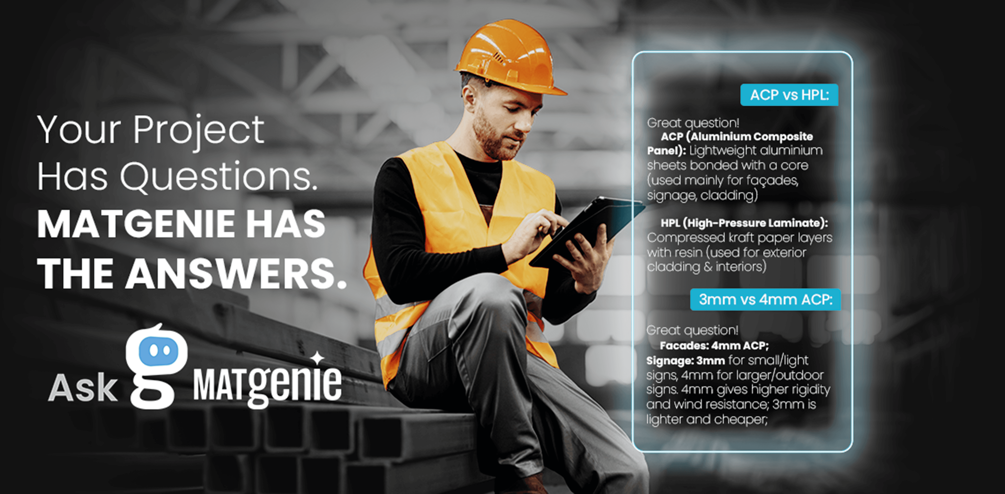 MATgenie App Interface displaying building material insights
